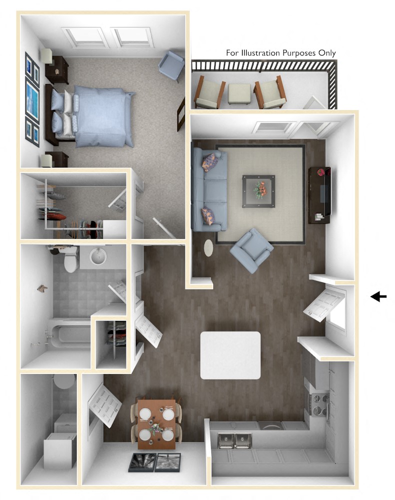 Floor plan for 1 bed, 1 bath, 777 sqft